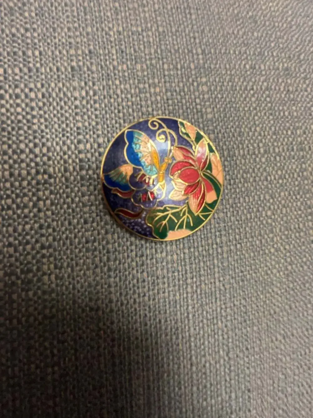 Vintage Round Cloisonne Butterfly and Floral Enamel Brooch Pin